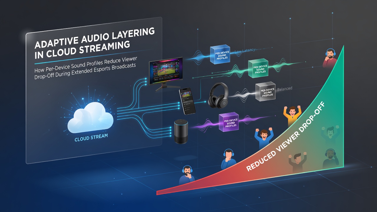 Cloud streaming setup showing adaptive audio layering interfaces across multiple esports viewer devices during a live broadcast
