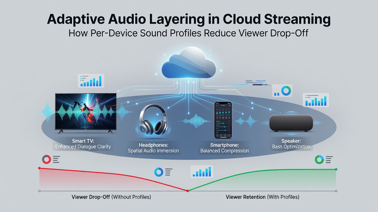 Multiple esports viewers using different devices with overlaid sound profile indicators during a prolonged cloud-streamed tournament