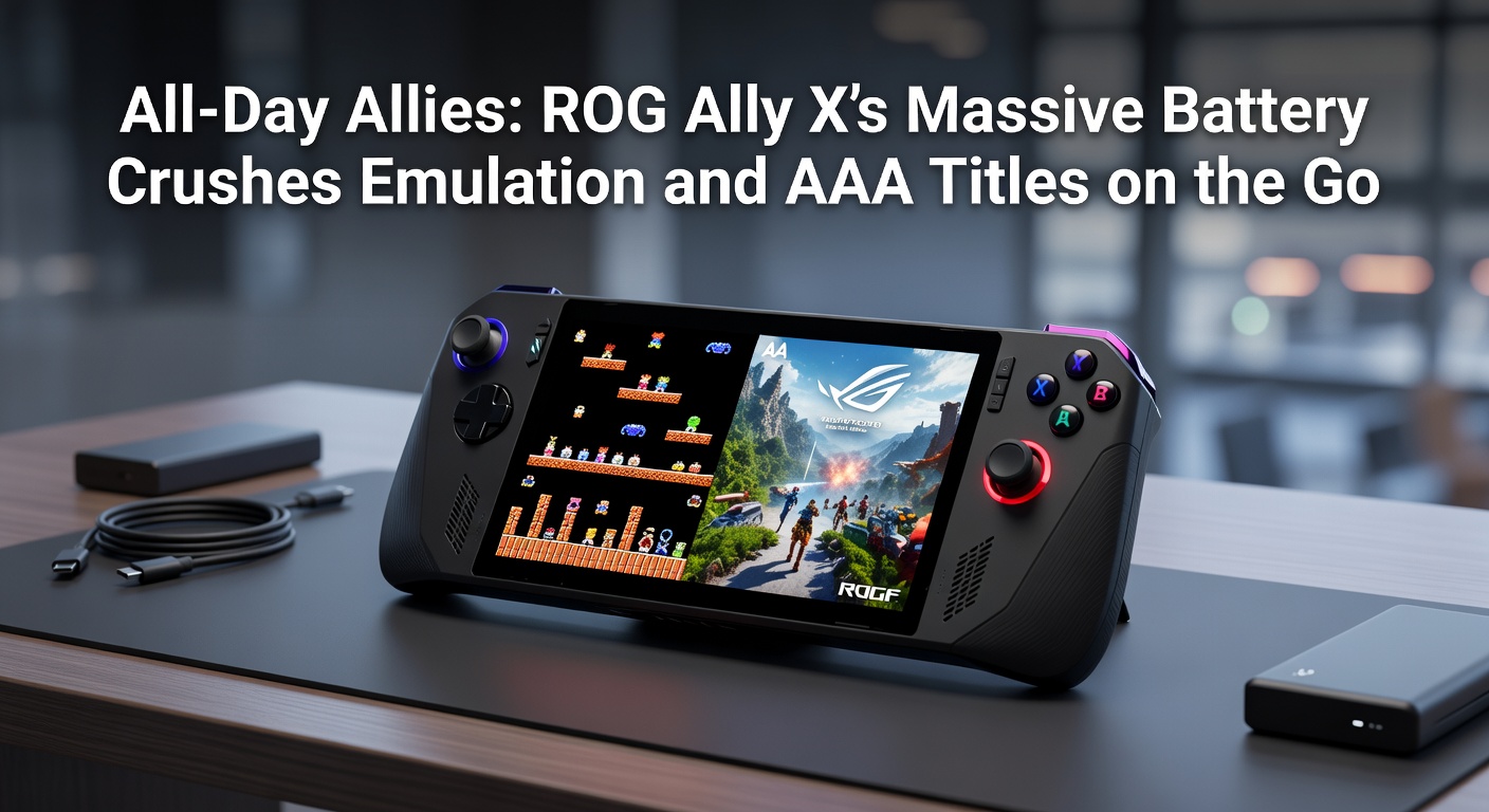 ROG Ally X handheld gaming device charging up for extended play sessions, showcasing its sleek design and large battery capacity in a portable setup