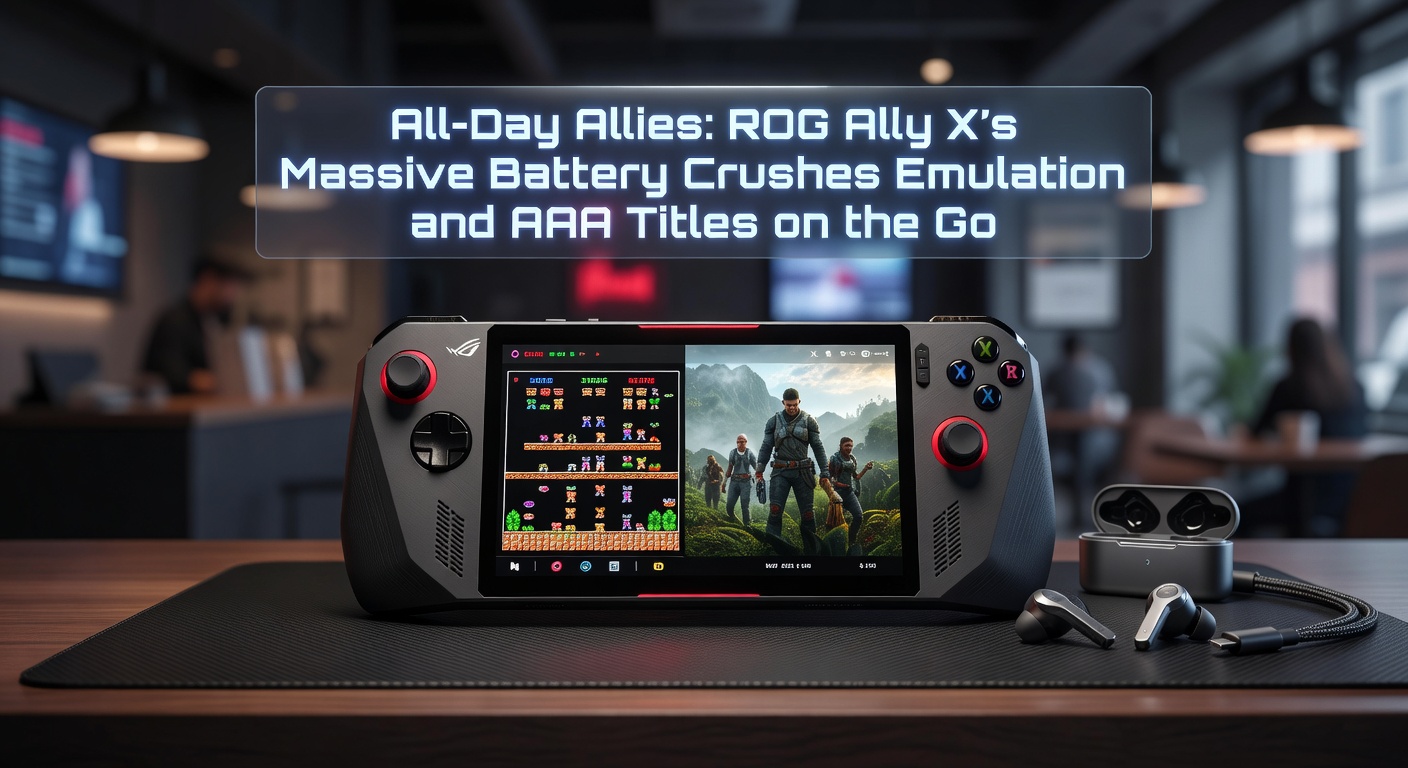 Close-up of ROG Ally X screen displaying a high-fidelity AAA game like Cyberpunk 2077 in action, highlighting smooth gameplay and battery indicator showing substantial remaining charge during portable session
