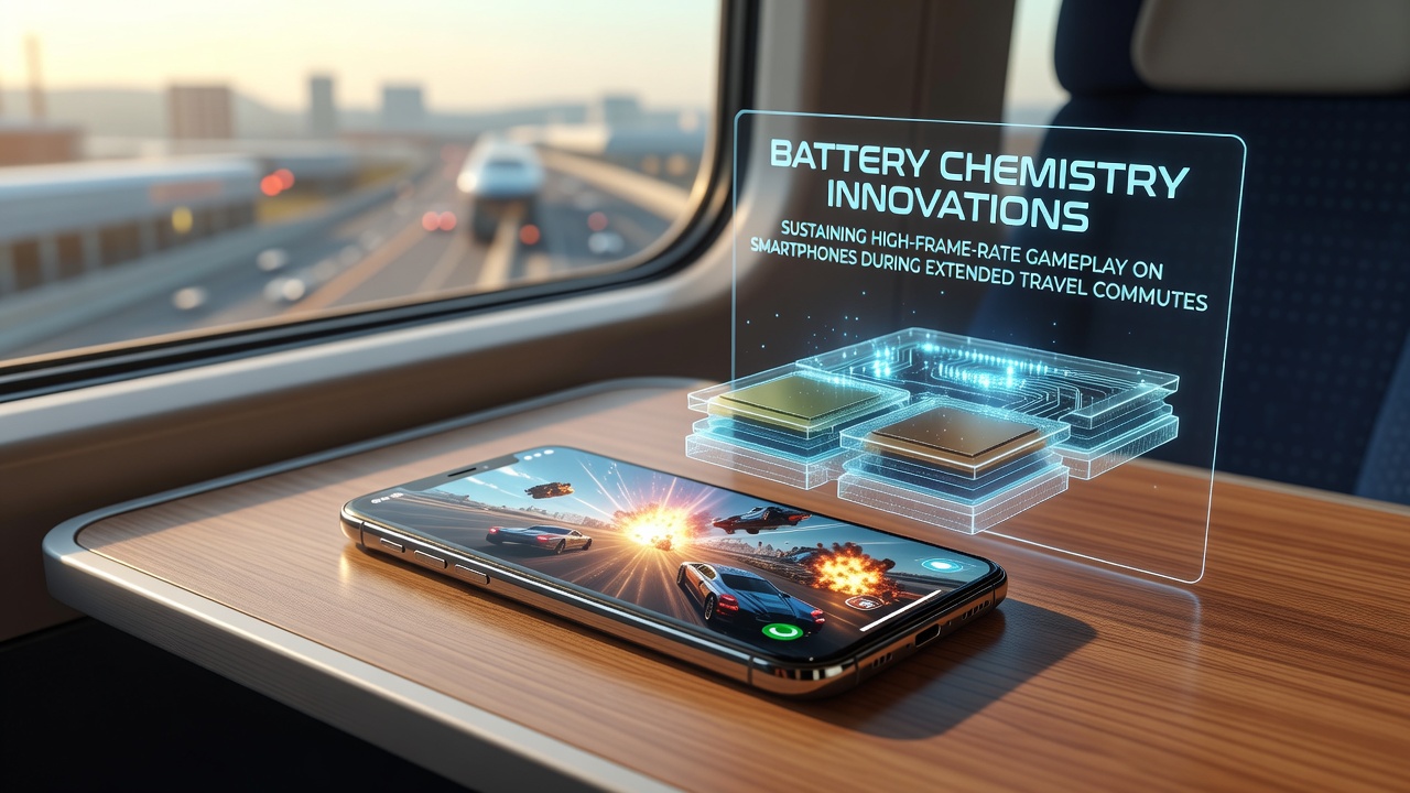 Smartphone displaying high-frame-rate mobile game with battery performance metrics overlaid during commute scenario