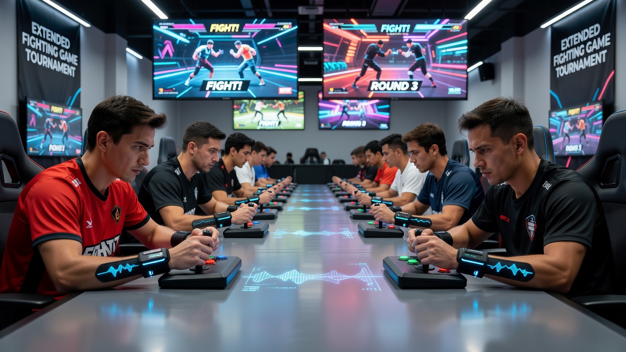 Close-up view of biometric data display showing muscle tension graphs from multiple players at an esports event