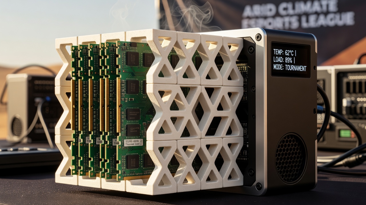 Ceramic lattice heat dissipation system integrated into a portable gaming device during arid climate tournament