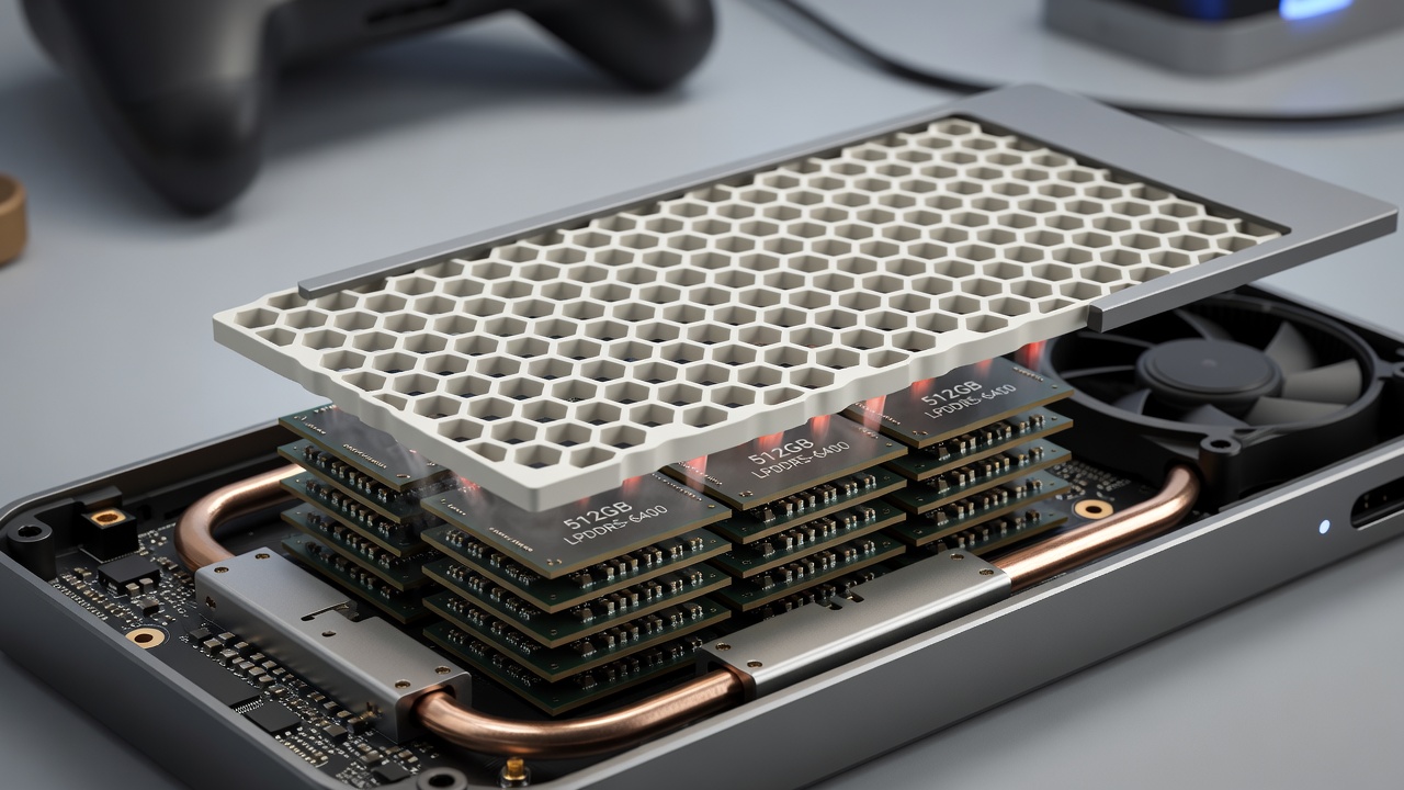 Close-up view of ceramic lattice structure attached to stacked memory modules inside portable gaming hardware