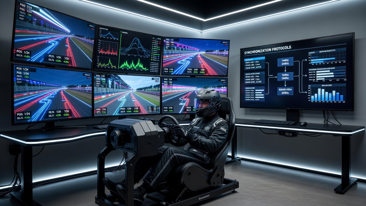 Professional sim racing cockpit with triple monitors displaying synchronized racing simulation views