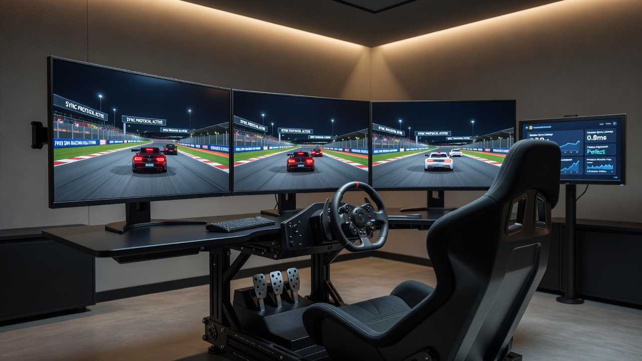 Close-up of synchronization hardware and cabling connecting multiple high-refresh-rate monitors in a sim racing rig