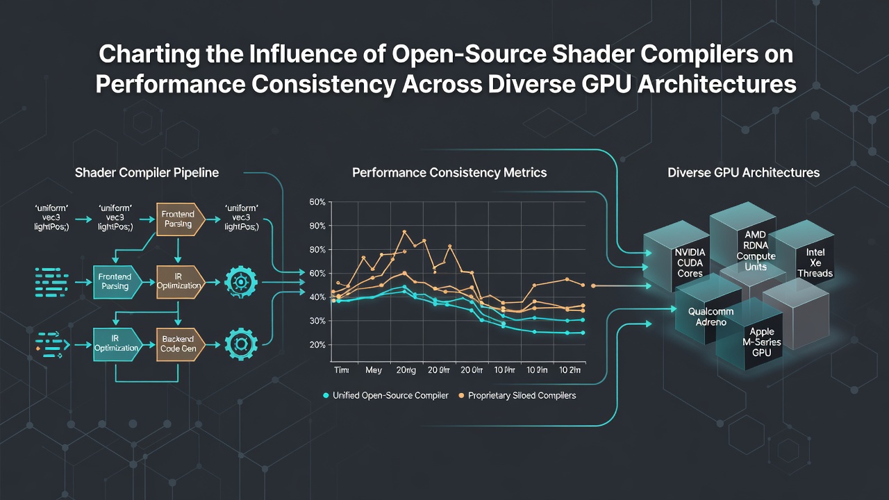 Performance graphs comparing frame time consistency on NVIDIA, AMD, and Intel GPUs using open-source shader compilers
