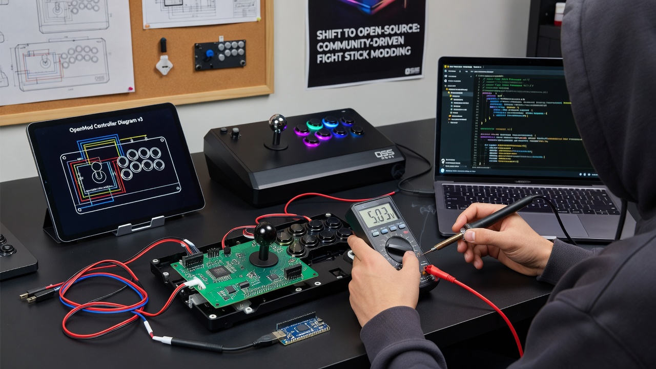 Group of fighting game players testing modded controllers at a local tournament setup with open-source software interfaces visible on laptops