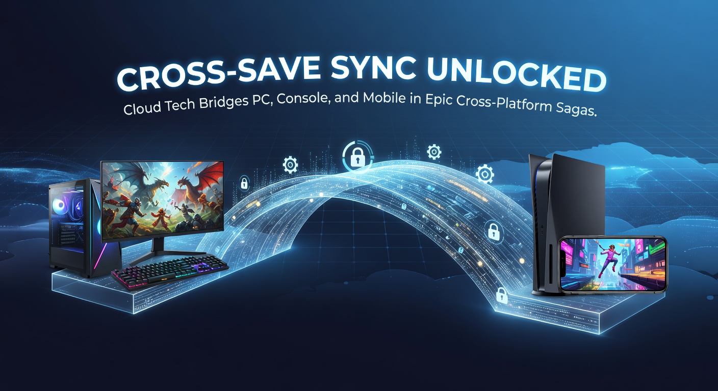 Gamers seamlessly switching between PC, console, and mobile devices with synchronized progress in a multiplayer battle royale