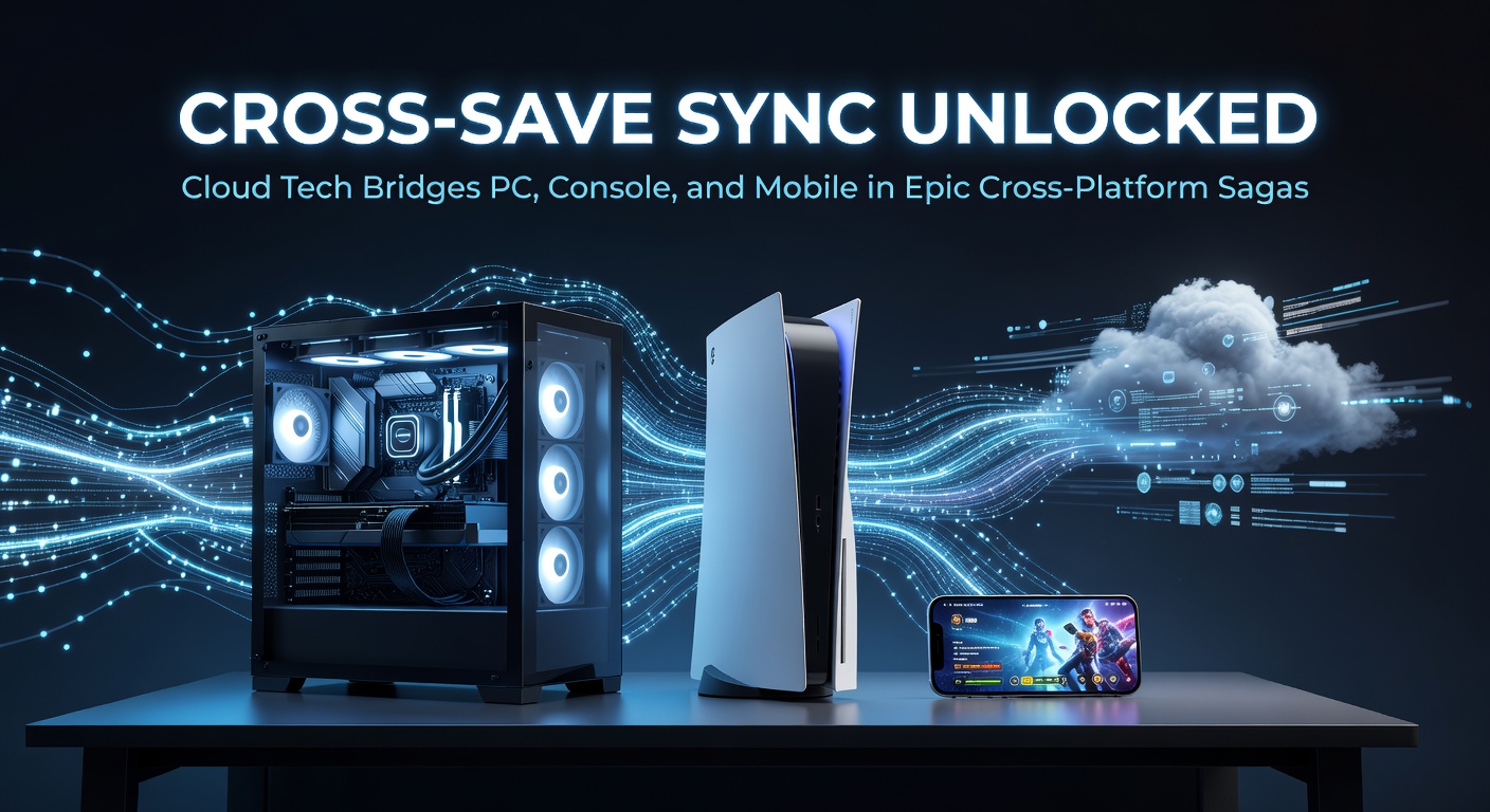 Cloud servers synchronizing player data streams between PC desktops, console dashboards, and mobile apps in a futuristic data center visualization