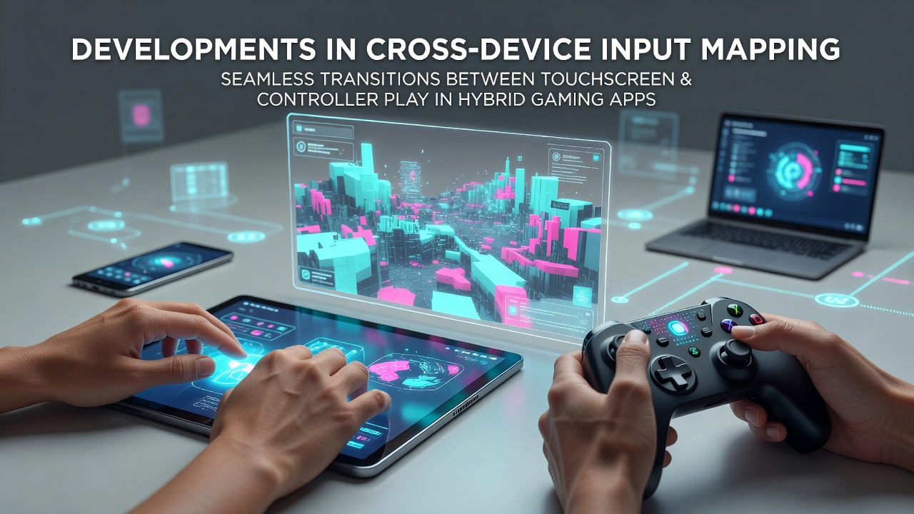 Hybrid gaming setup showing a tablet with attached controller alongside a smartphone displaying input mapping interface