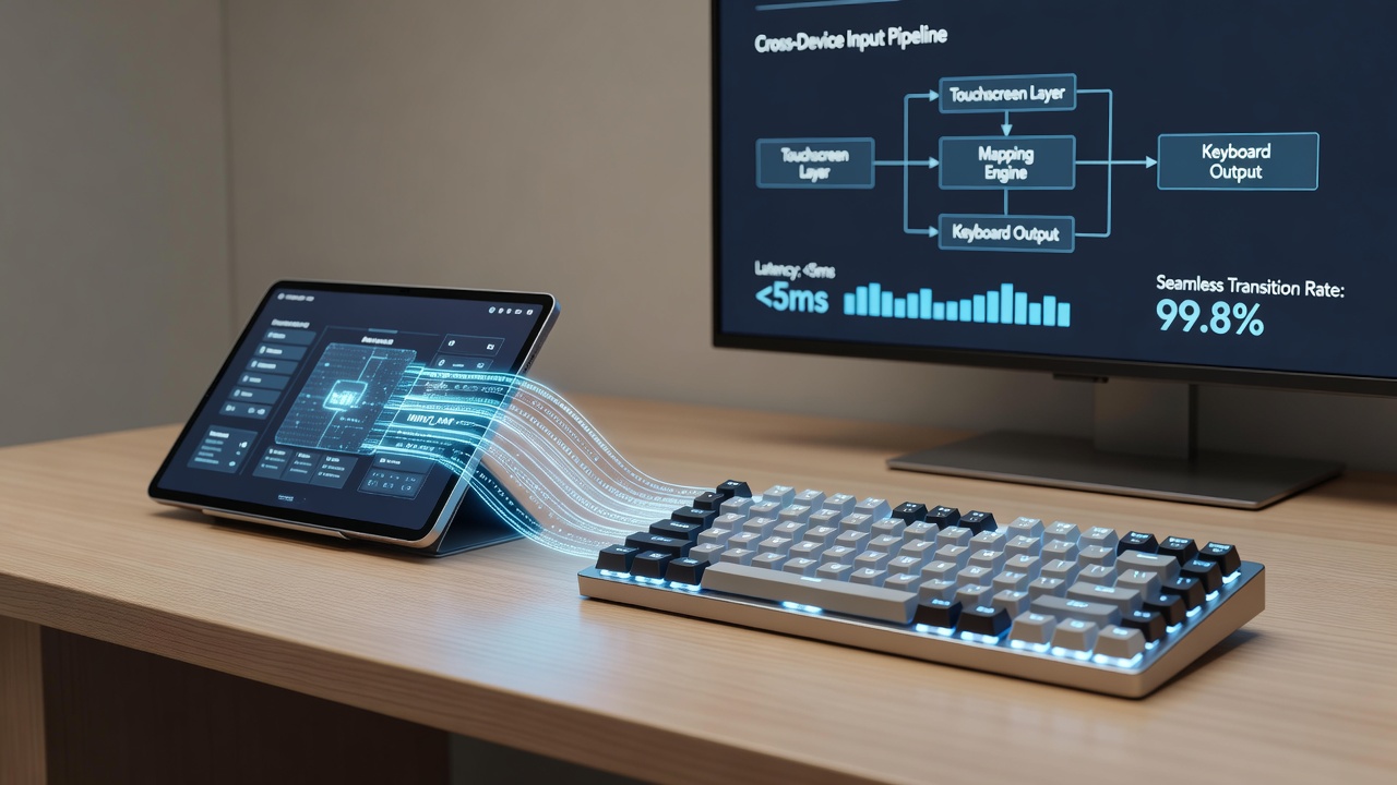 Close-up of input mapping dashboard on a hybrid device with controller connected and on-screen calibration overlay