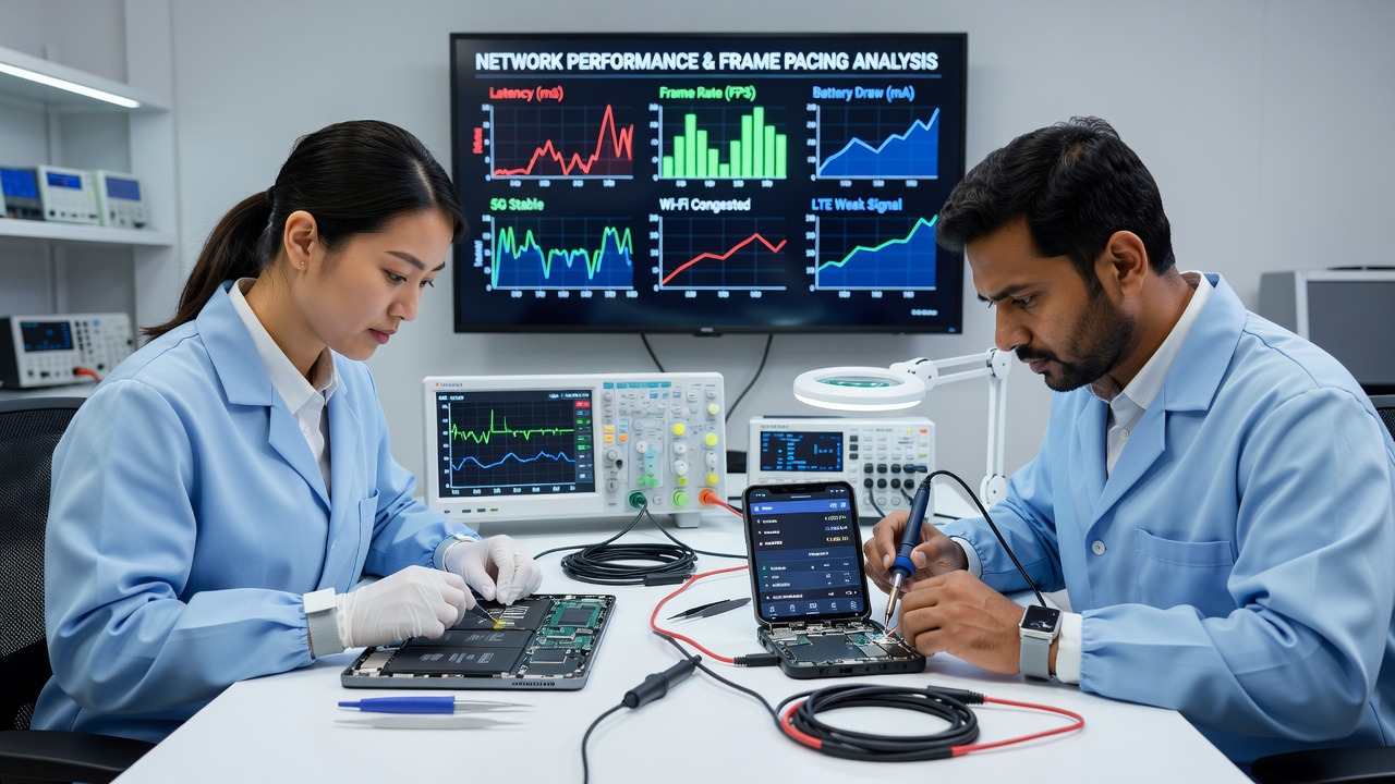Engineers analyzing power distribution networks inside a portable gaming device during testing
