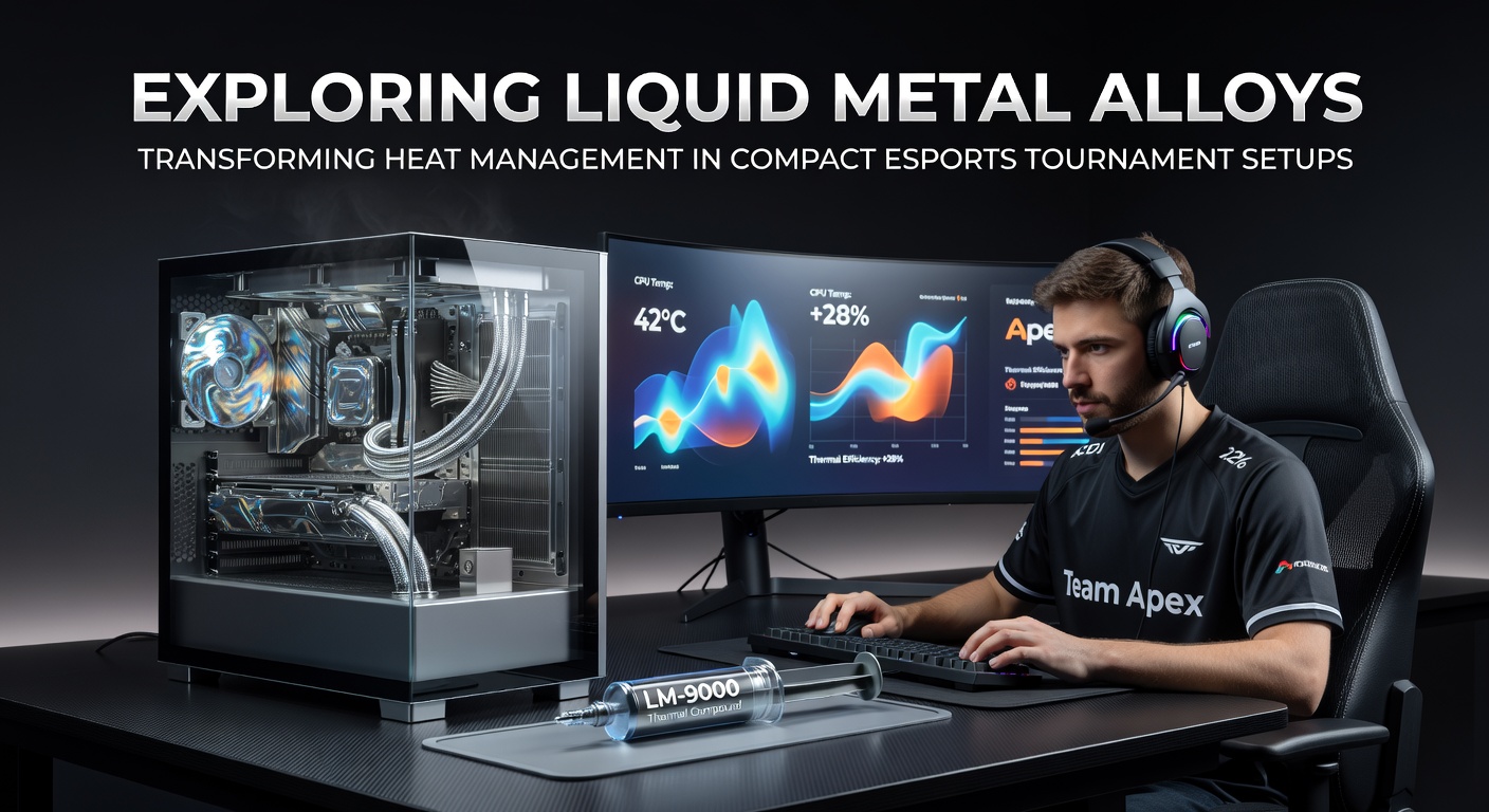 Close-up view of liquid metal alloy application on a compact esports gaming rig CPU during a tournament setup