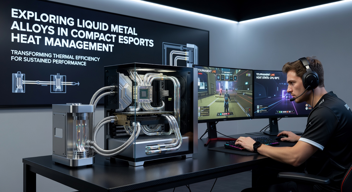 Technician applying liquid metal alloy in a compact esports tournament PC build with cooling components visible