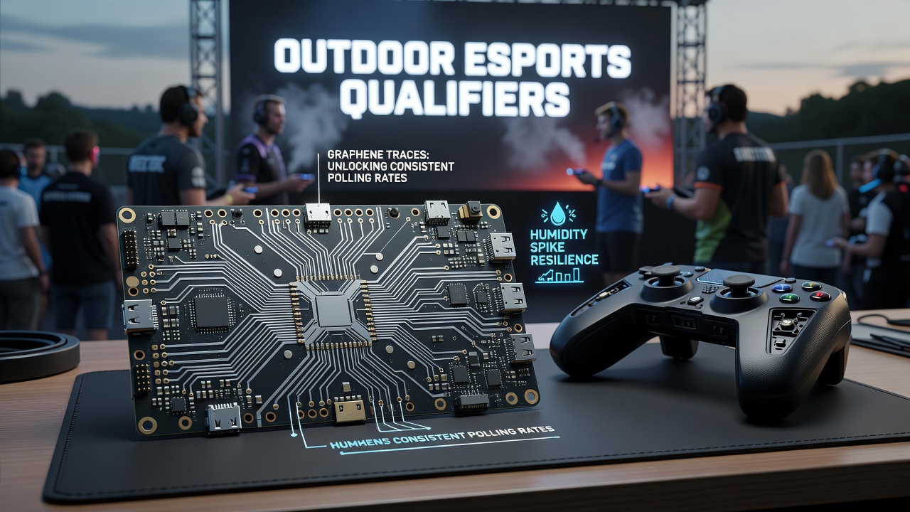 Close-up view of a controller PCB featuring graphene traces designed for humidity resistance in competitive gaming hardware