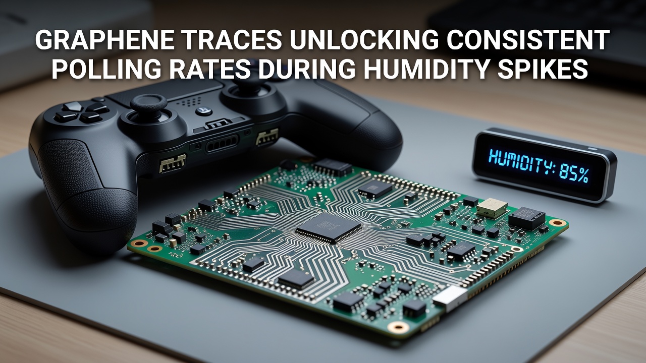Technician inspecting graphene-based controller PCB under controlled humidity conditions in an esports equipment lab