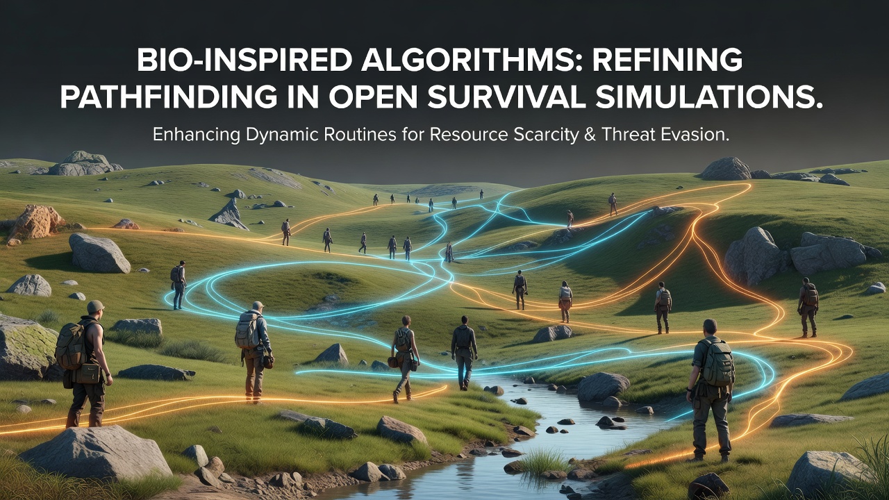 Visualization of ant colony optimization paths overlaying a dense forest terrain in a survival game environment