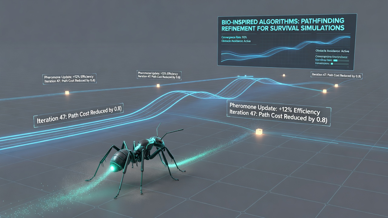 Particle swarm agents navigating around procedurally generated cliffs and rivers in a survival simulation