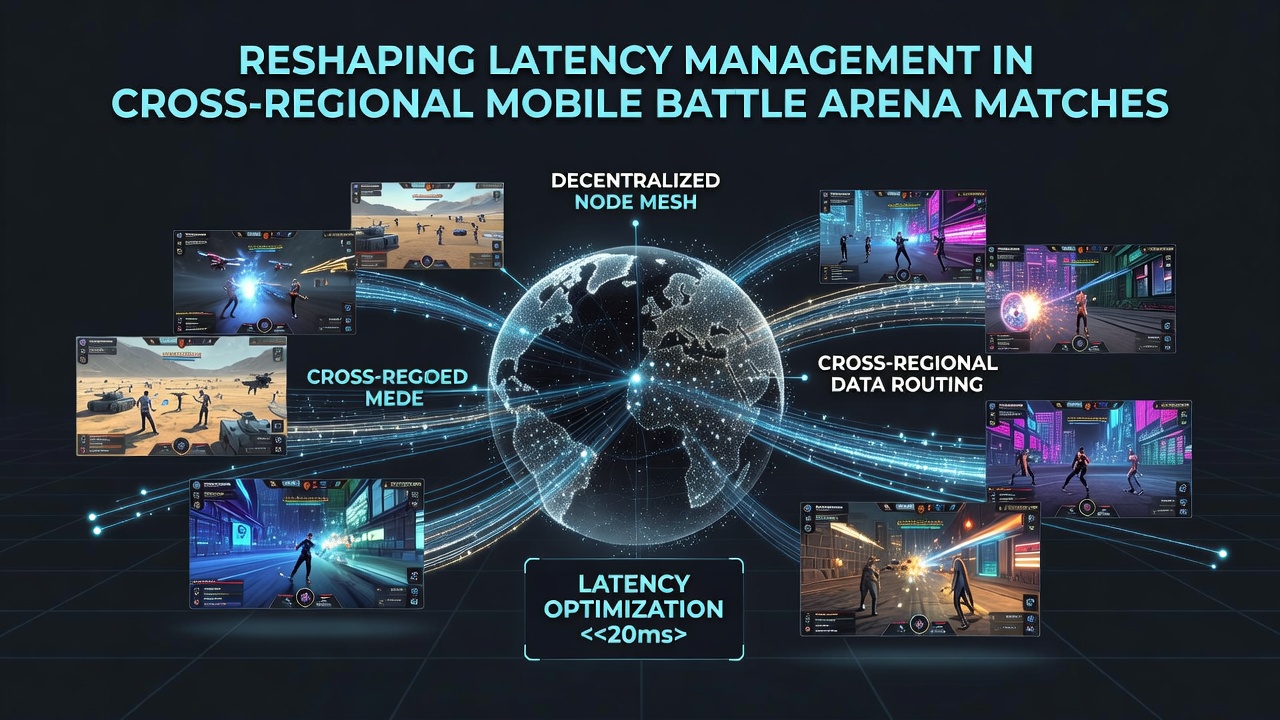 Mobile players in different regions connected through a mesh of decentralized network nodes during a battle arena match
