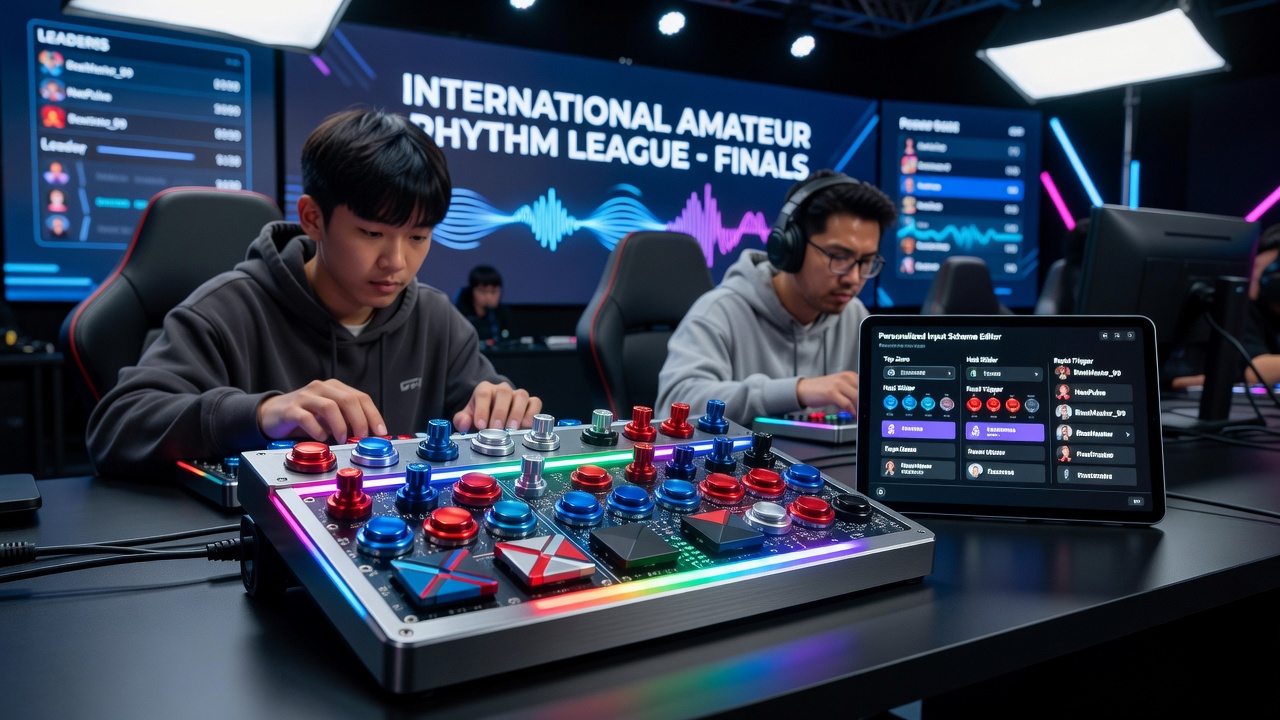 Modular rhythm game controller with interchangeable button modules and custom paddle attachments laid out on a tournament desk