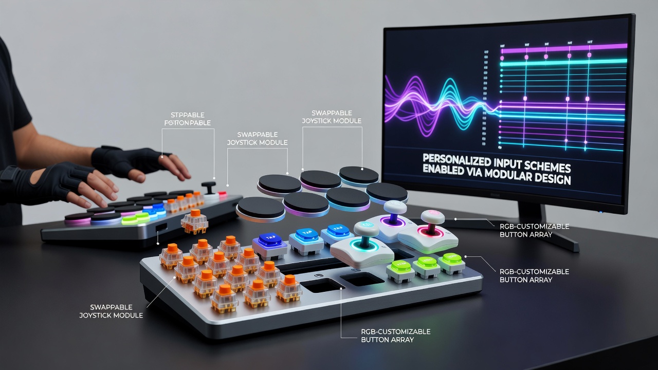 Close-up view of a player attaching a custom slider module to a rhythm controller during an amateur league match