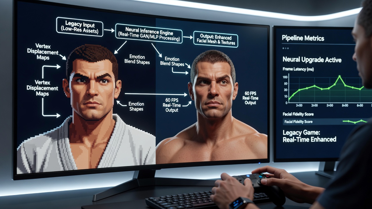 Developer workstation displaying real-time facial animation results from neural rendering in a fighting game context
