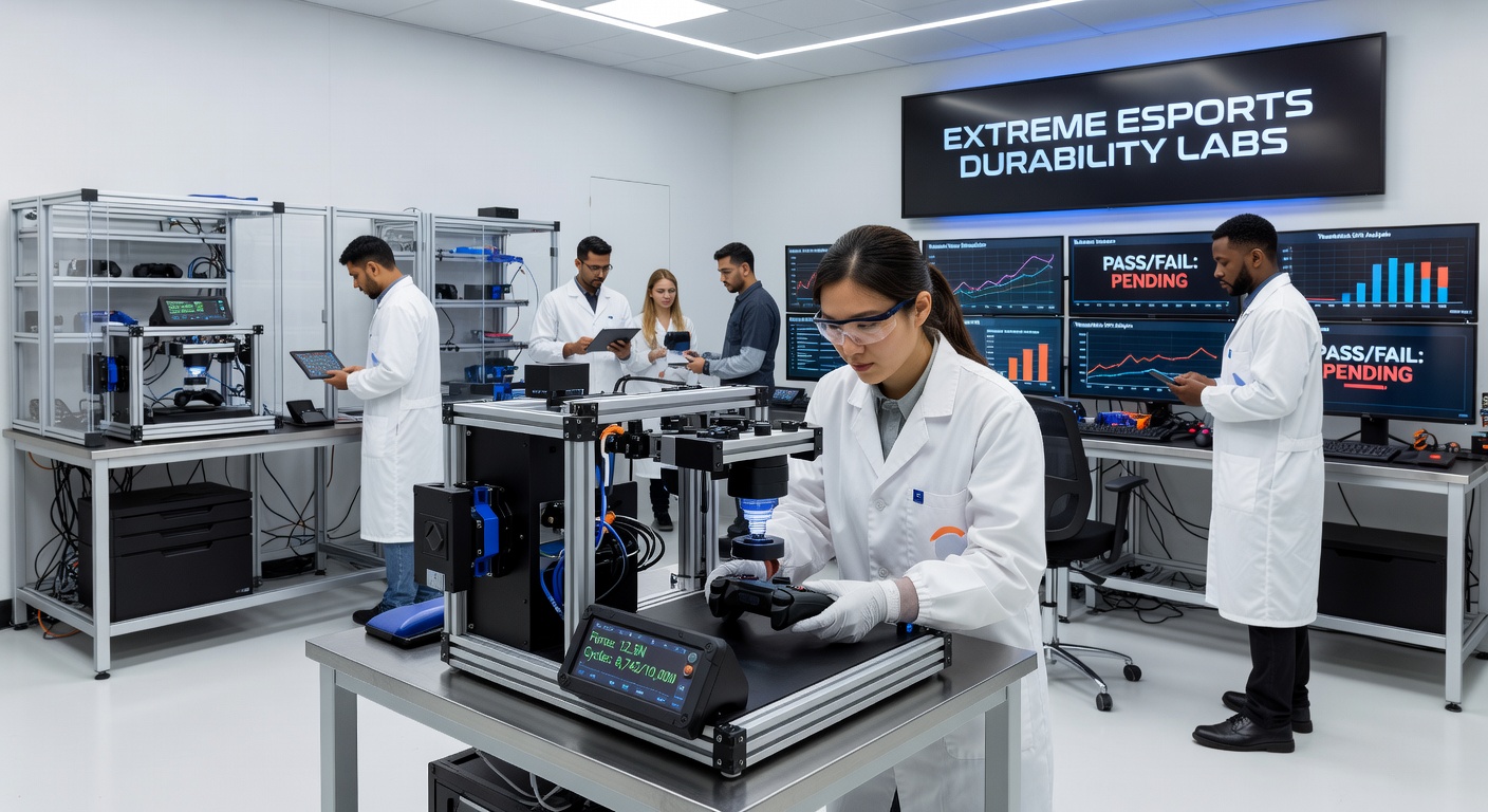 Engineers conducting durability tests on gaming controllers in a specialized lab environment with robotic arms and sensors