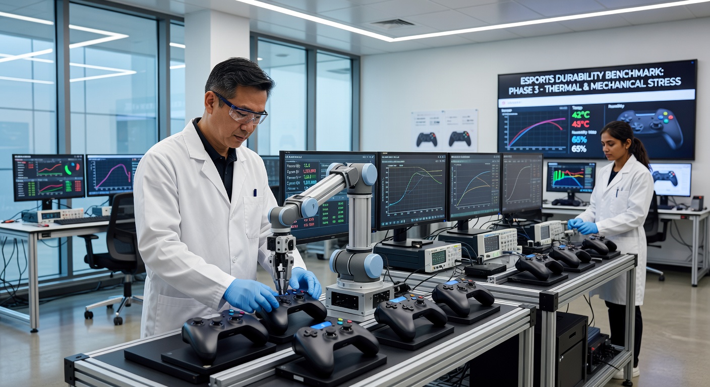 Close-up of controller components being tested on vibration tables and force measurement equipment in an esports hardware lab