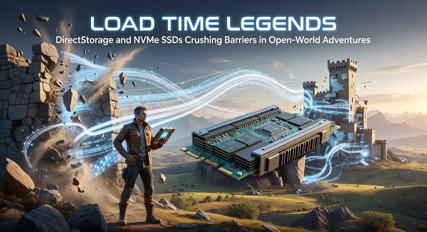 Conceptual diagram showing DirectStorage pipeline streaming massive datasets from an NVMe SSD directly to the GPU, bypassing traditional CPU bottlenecks in a vibrant open-world game environment