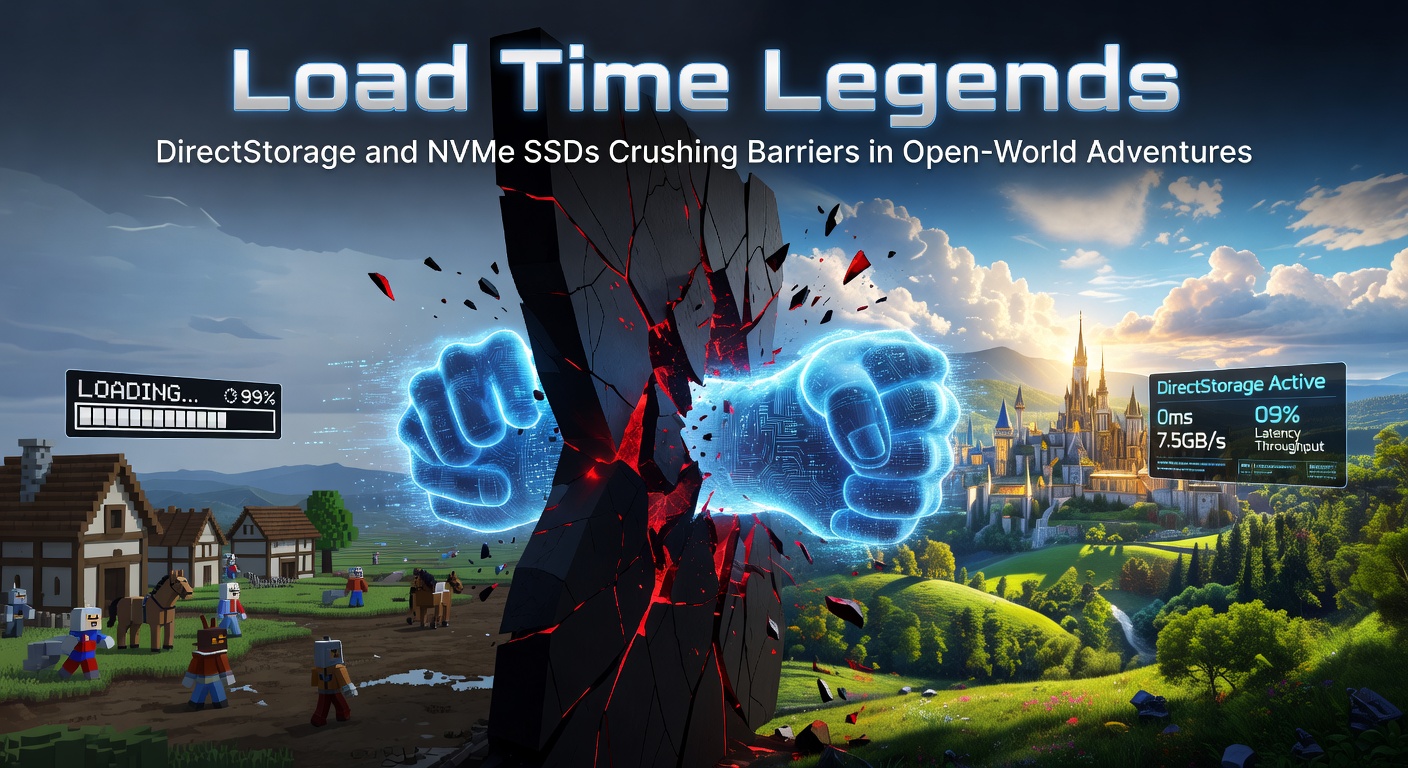 Benchmark graph comparing load times in an open-world game: traditional HDD at 45 seconds, SATA SSD at 12 seconds, NVMe with DirectStorage at under 3 seconds, overlaid on a dynamic game scene