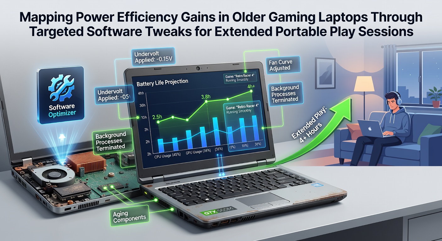Older gaming laptop running optimized software tweaks during extended portable session