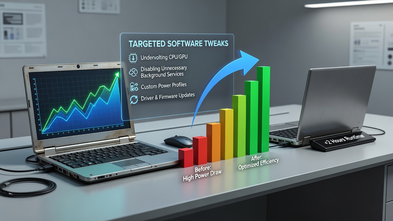 Software interface showing power monitoring and tweak settings on older gaming laptop