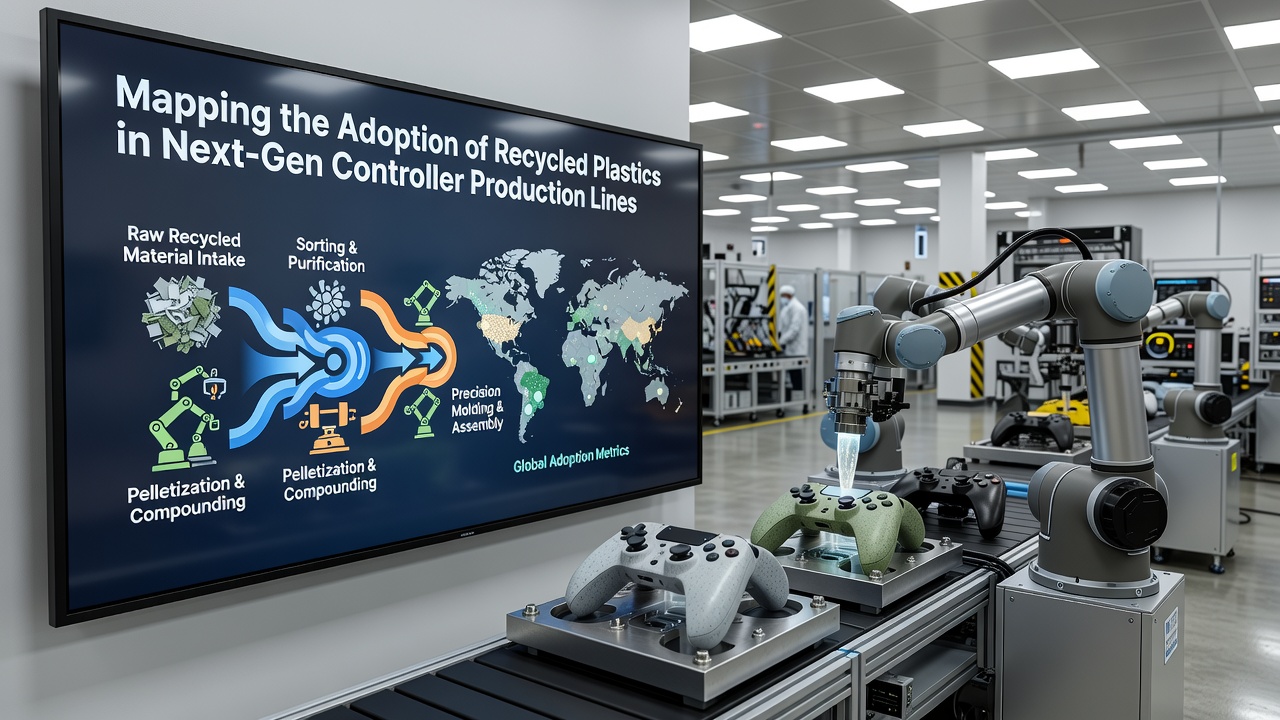 Factory floor view of controller assembly using recycled plastic components with robotic arms and material sorting stations