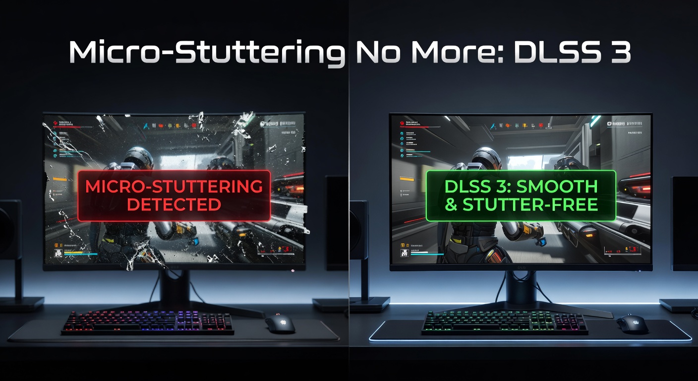 Benchmark graphs comparing frame time graphs with and without DLSS 3, showing dramatic reduction in stuttering variance