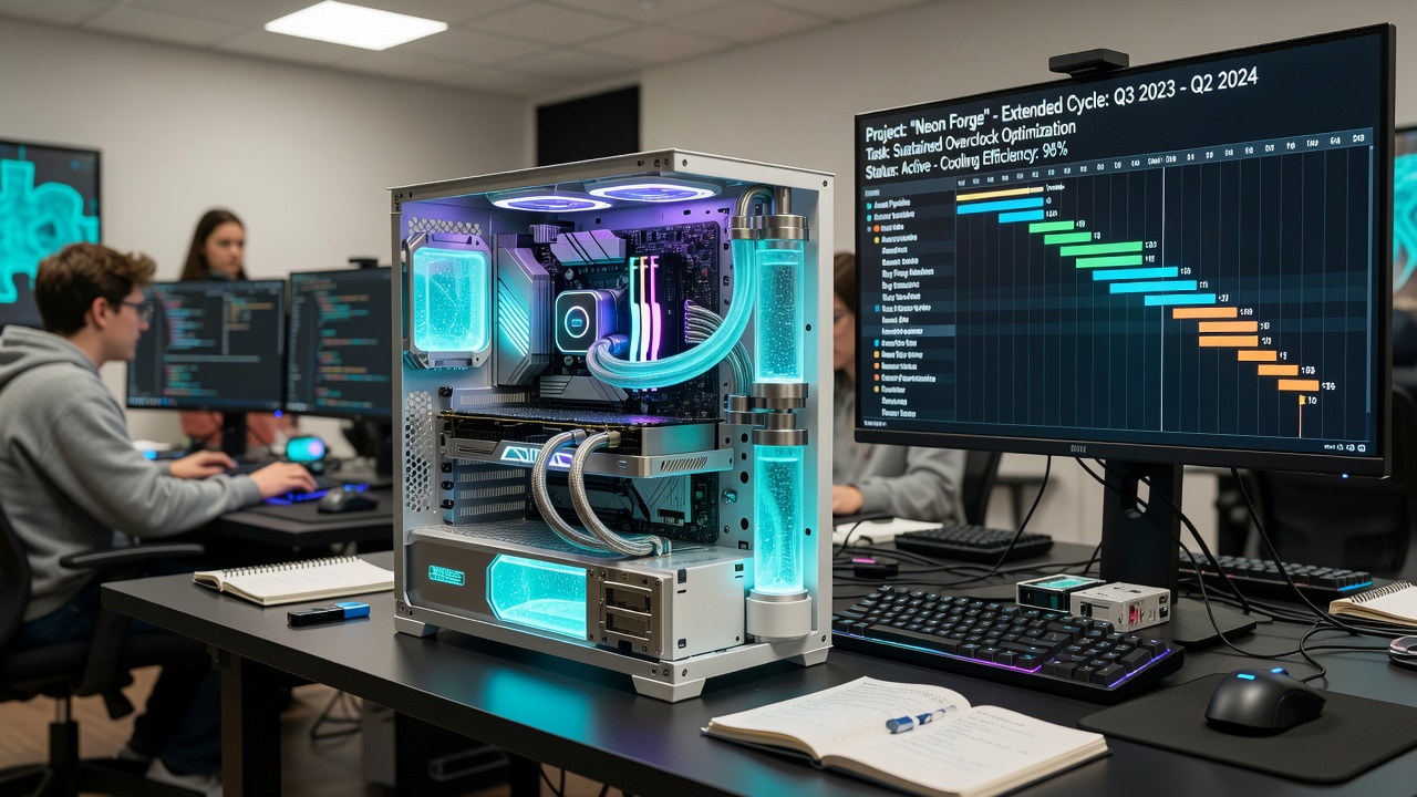 Side view of a compact workstation showing external radiator modules connected via quick-release fittings