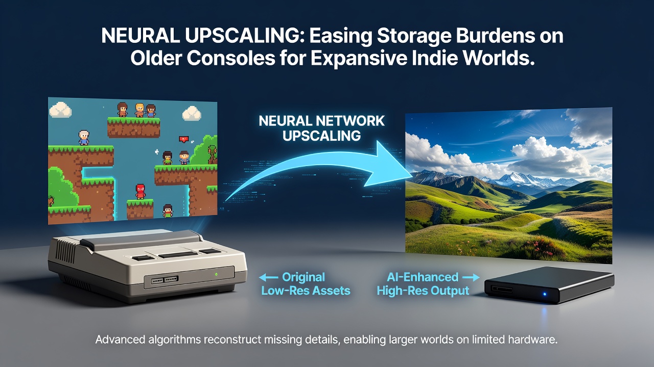 Indie developer workstation showing storage comparison between traditional and neural-upscaled game assets