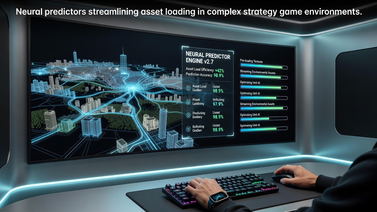 Neural network visualization overlaying a strategy game map with asset loading indicators