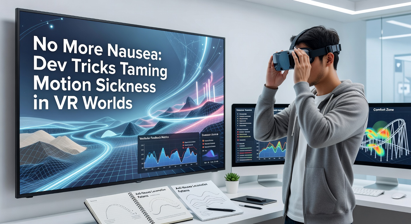 Developer dashboard showing VR motion sickness mitigation tools in action, with graphs of frame rates and user comfort metrics