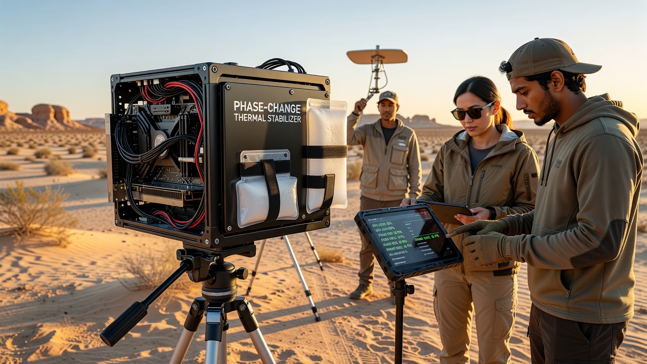Portable gaming rig setup in a remote desert location with phase-change cooling modules visible on the laptop chassis