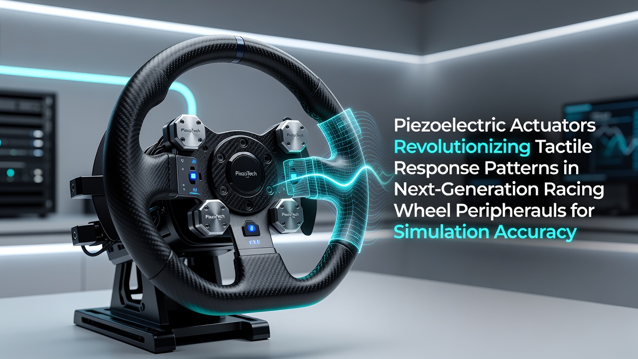 Close-up view of a piezoelectric actuator integrated into a racing wheel peripheral showing layered material structure and wiring connections