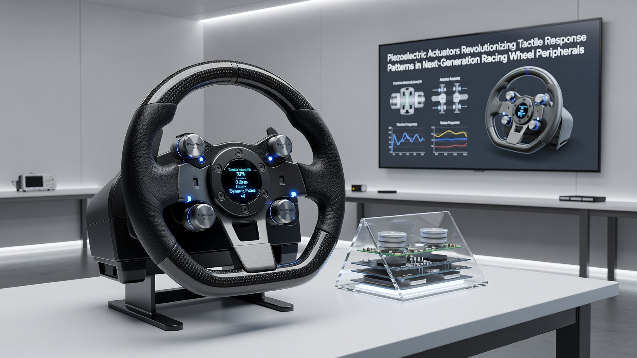 Racing simulator cockpit with piezoelectric-enhanced wheel mounted on a rig, driver hands visible on the rim during a test session