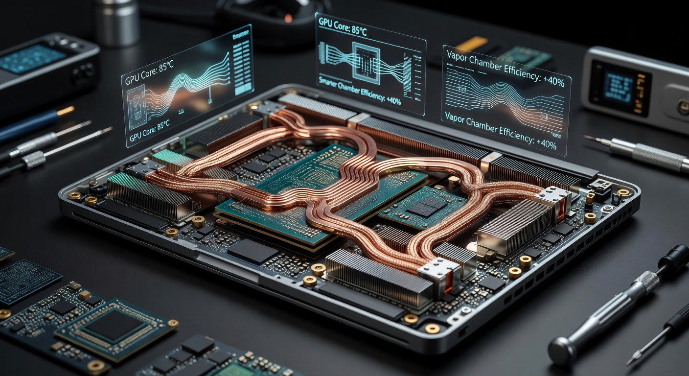 Close-up of a laptop GPU with vapor chamber cooling under thermal stress during ray tracing rendering