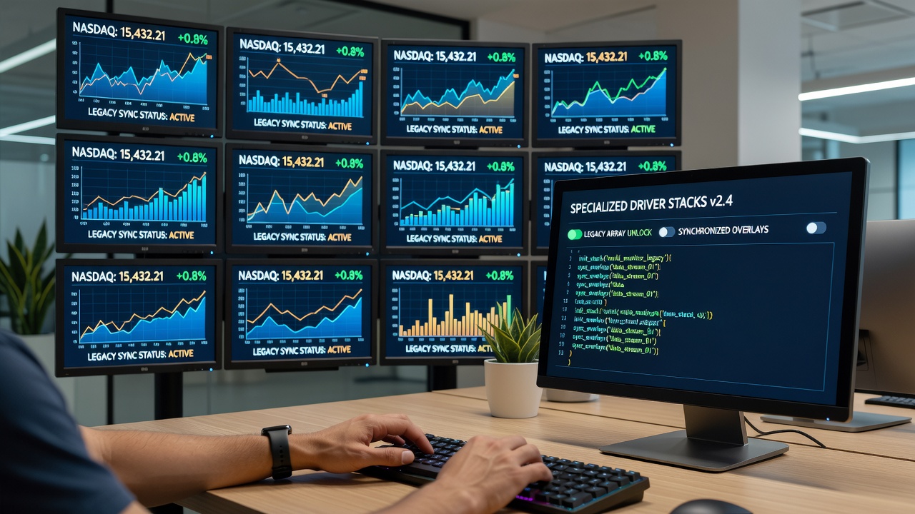 Close-up view of synchronized data overlays appearing across multiple legacy monitors during an esports strategy session