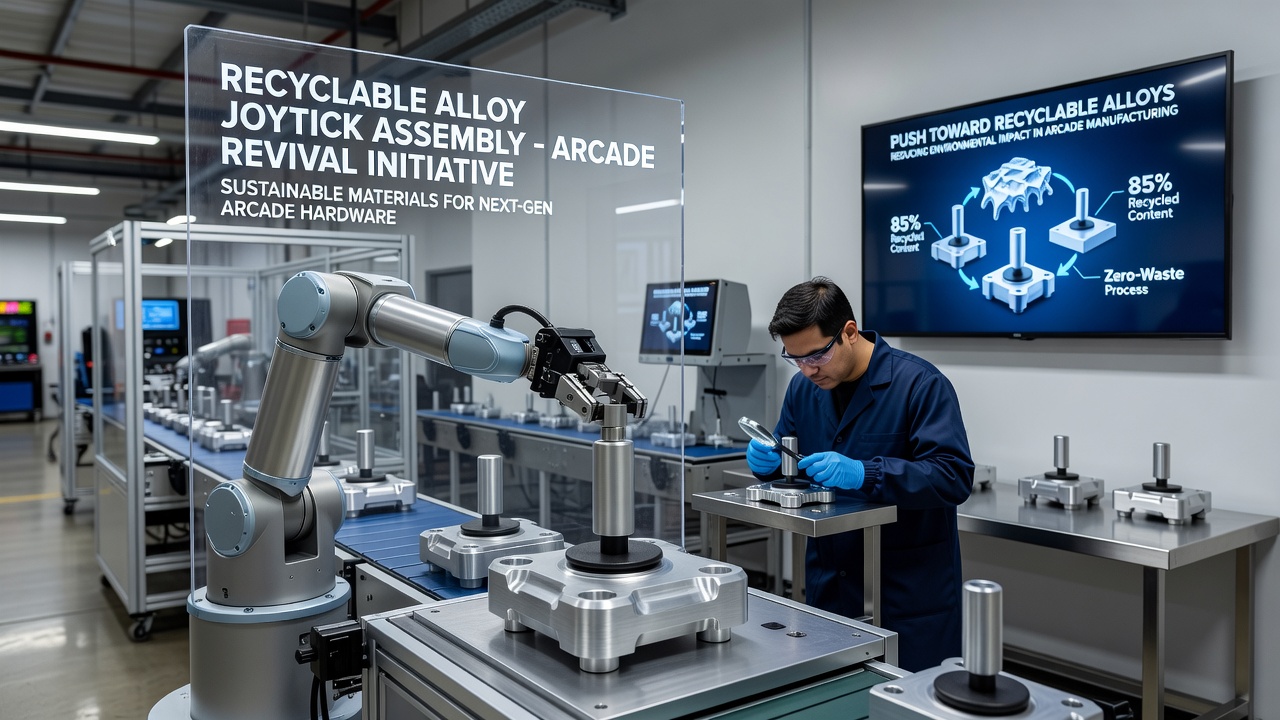 Factory workers assembling joysticks with recyclable alloy components on a modern production line