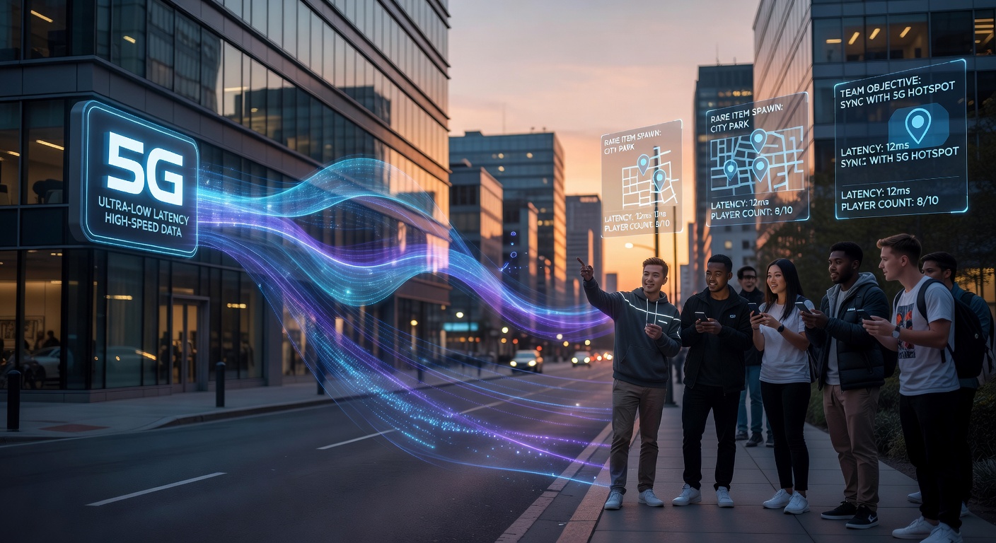 Urban skyline with overlaid mobile gaming interface elements highlighting 5G connectivity zones