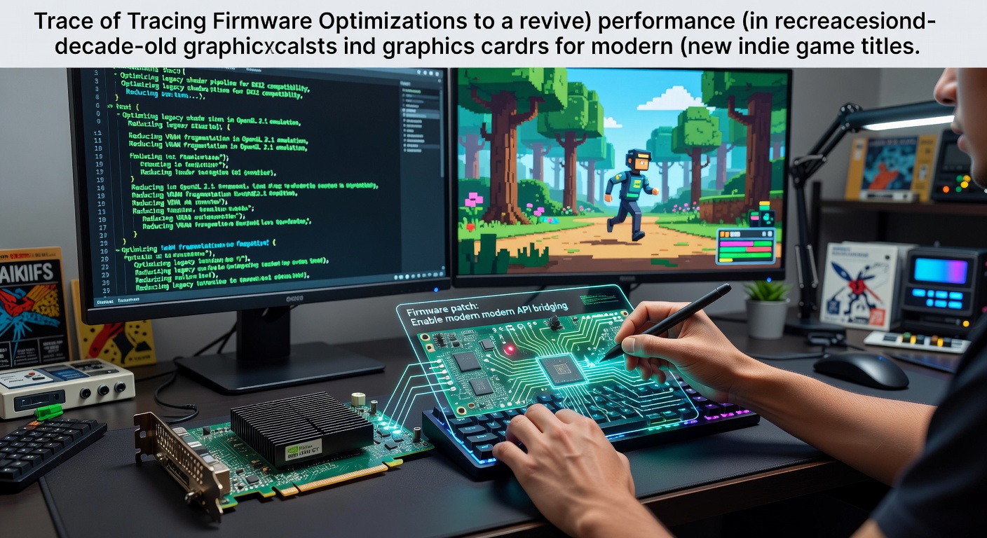 Old graphics card receiving firmware update alongside modern indie game visuals on screen
