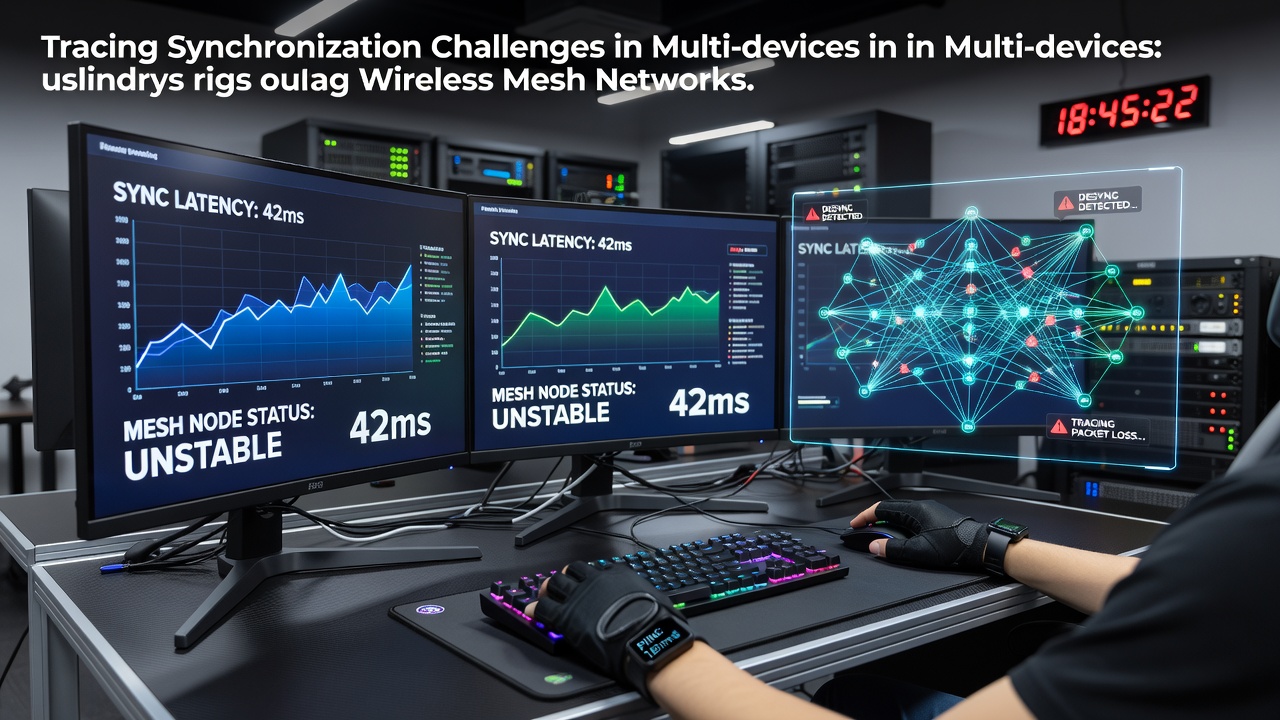 Multi-device esports training rig with wireless mesh network setup showing connected peripherals and monitors