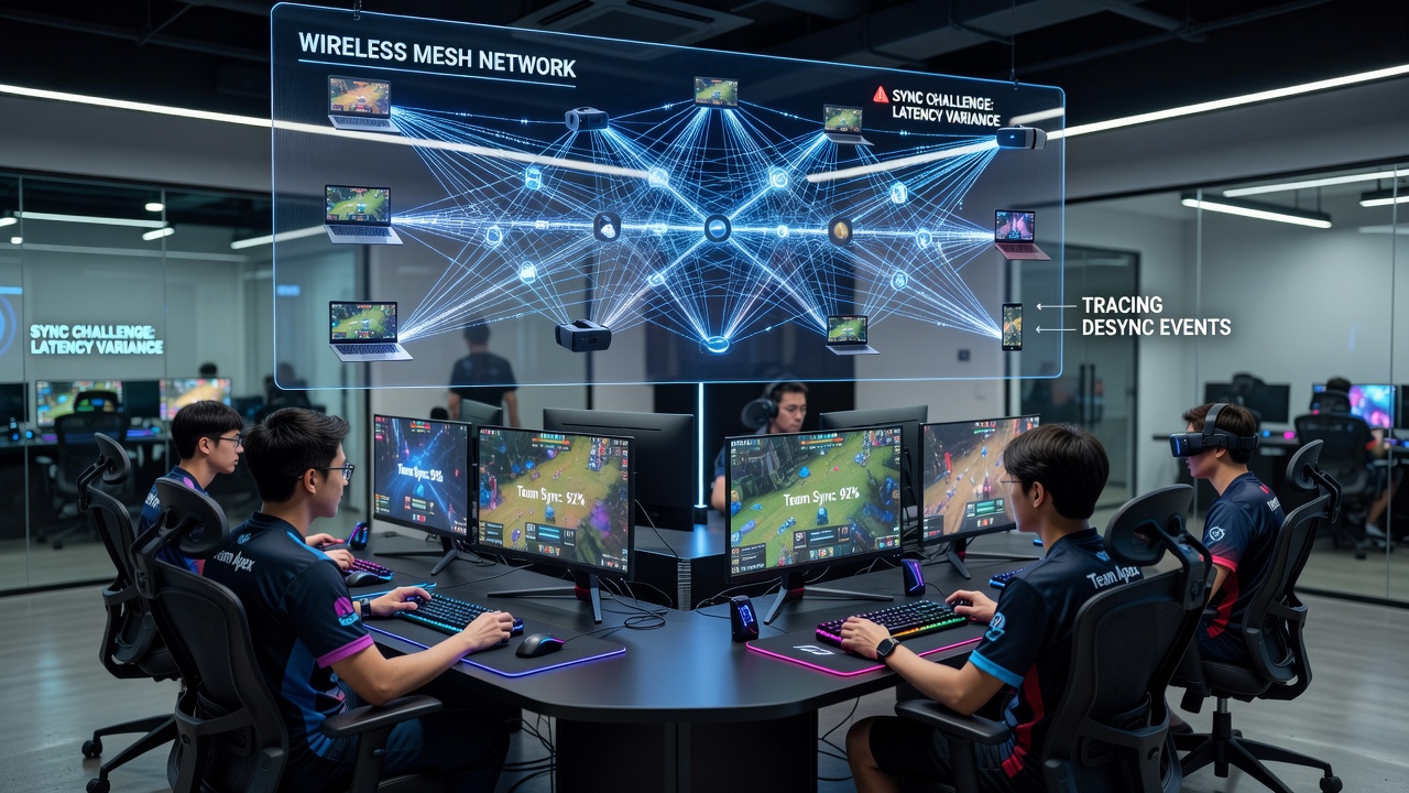 Network diagnostic tools displaying synchronization logs and latency graphs from an esports training rig mesh network