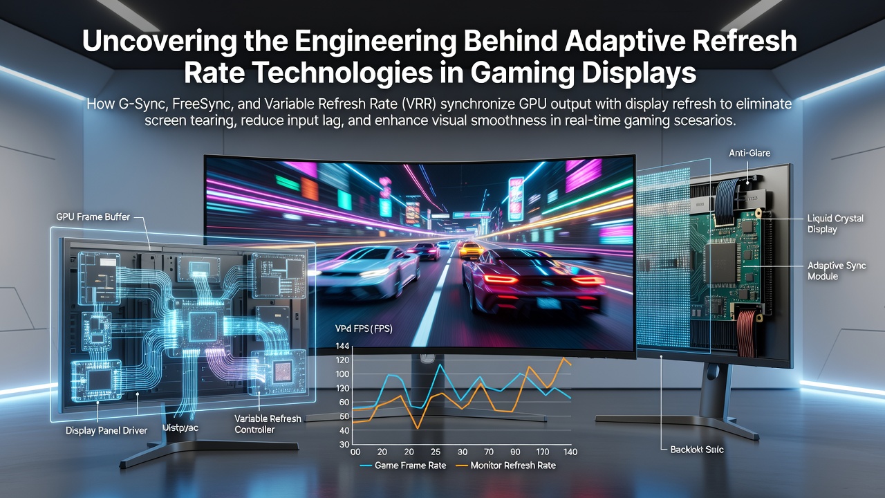 Close-up view of a gaming monitor's internal timing controller board interacting with GPU output signals during variable frame rate playback